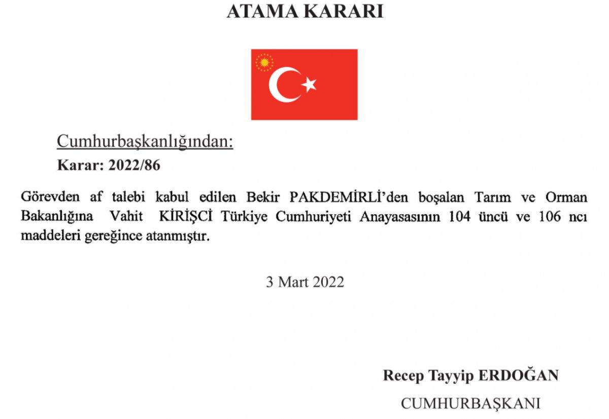 Tarım Bakanı Bekir Pakdemirli istifa etti