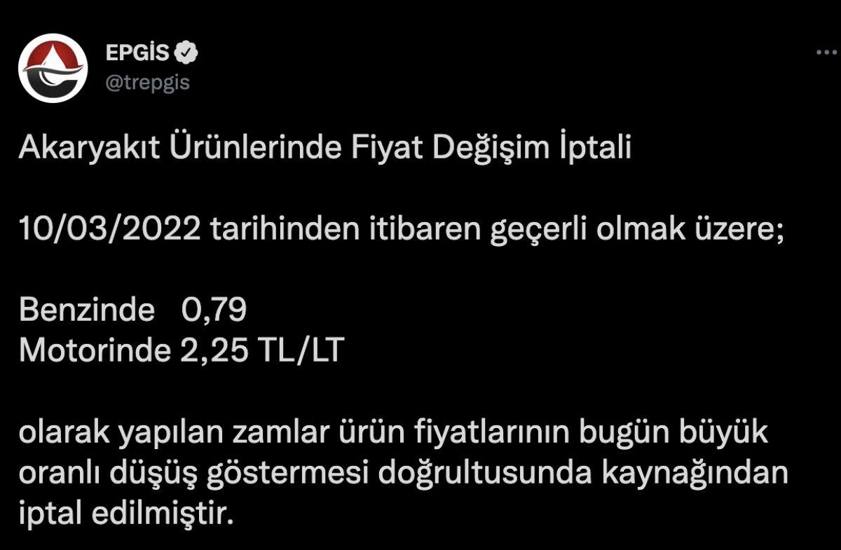 Benzin ve motorine bugün gelen zamlar iptal edildi
