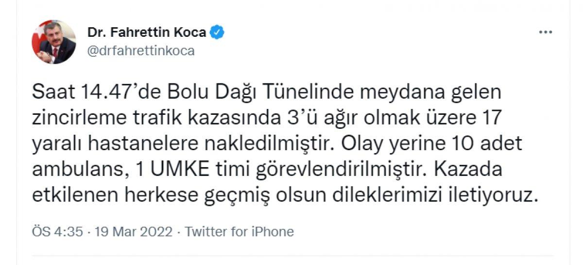 Fahrettin Koca'dan Bolu Tüneli'ndeki kazaya ilişkin açıklama