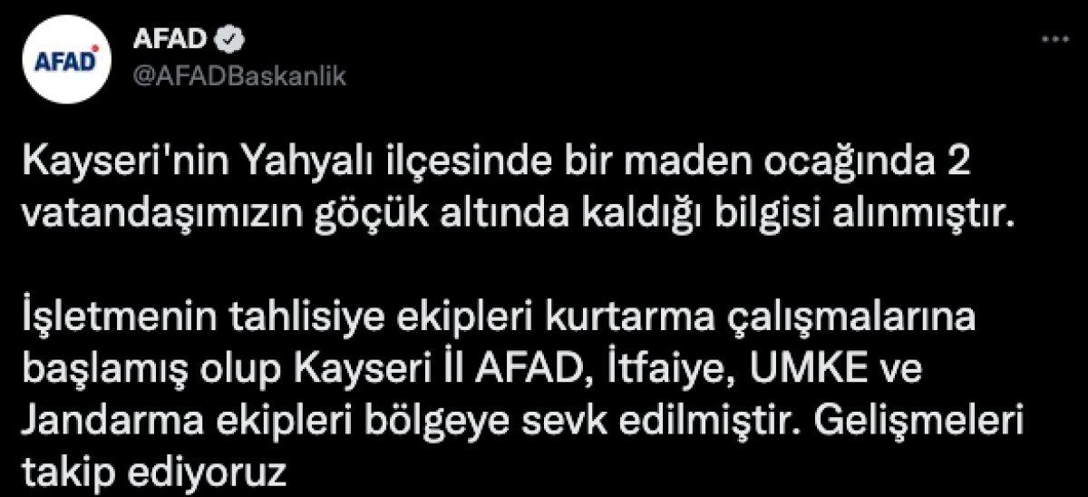 Kayseri'deki maden ocağında göçük altında kalan işçilerden 1'i ölü bulundu