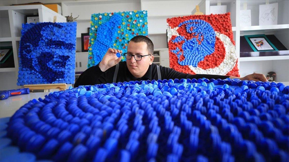 Kırklareli'de otizmli Emin, atık kapaklar ile Atatürk portresi yapıyor