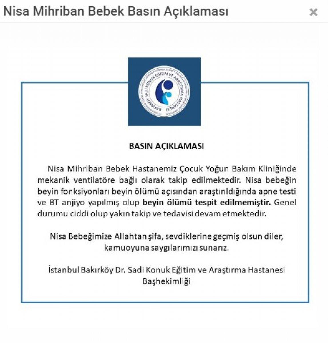 Nisa bebekle ilgili hastaneden açıklama: Beyin ölümü tespit edilmedi