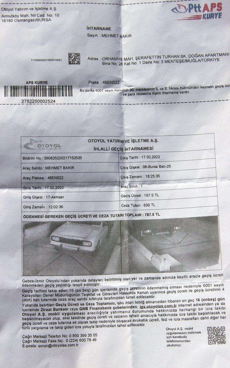 Muğla'da kullanmadığı aracına otoyol geçiş ücreti geldi