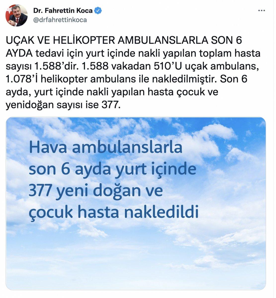 Fahrettin Koca: 1588 hastanın nakli uçak ve helikopterle yapıldı