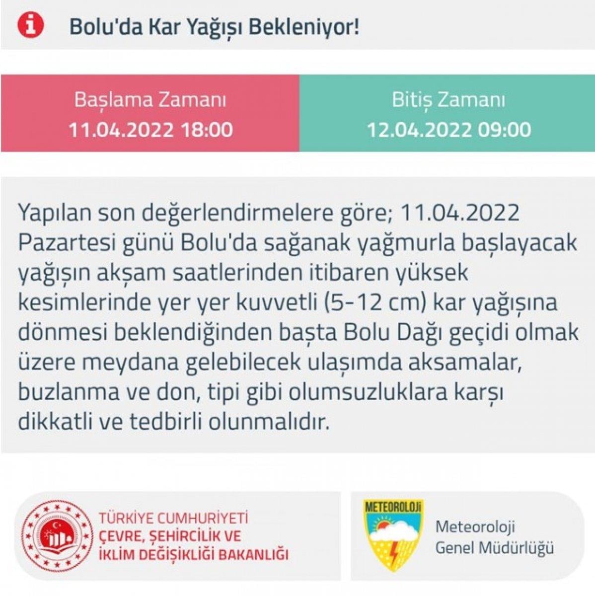 Meteoroloji Genel Müdürlüğü'nden Bolu Dağı geçişi için kar uyarısı