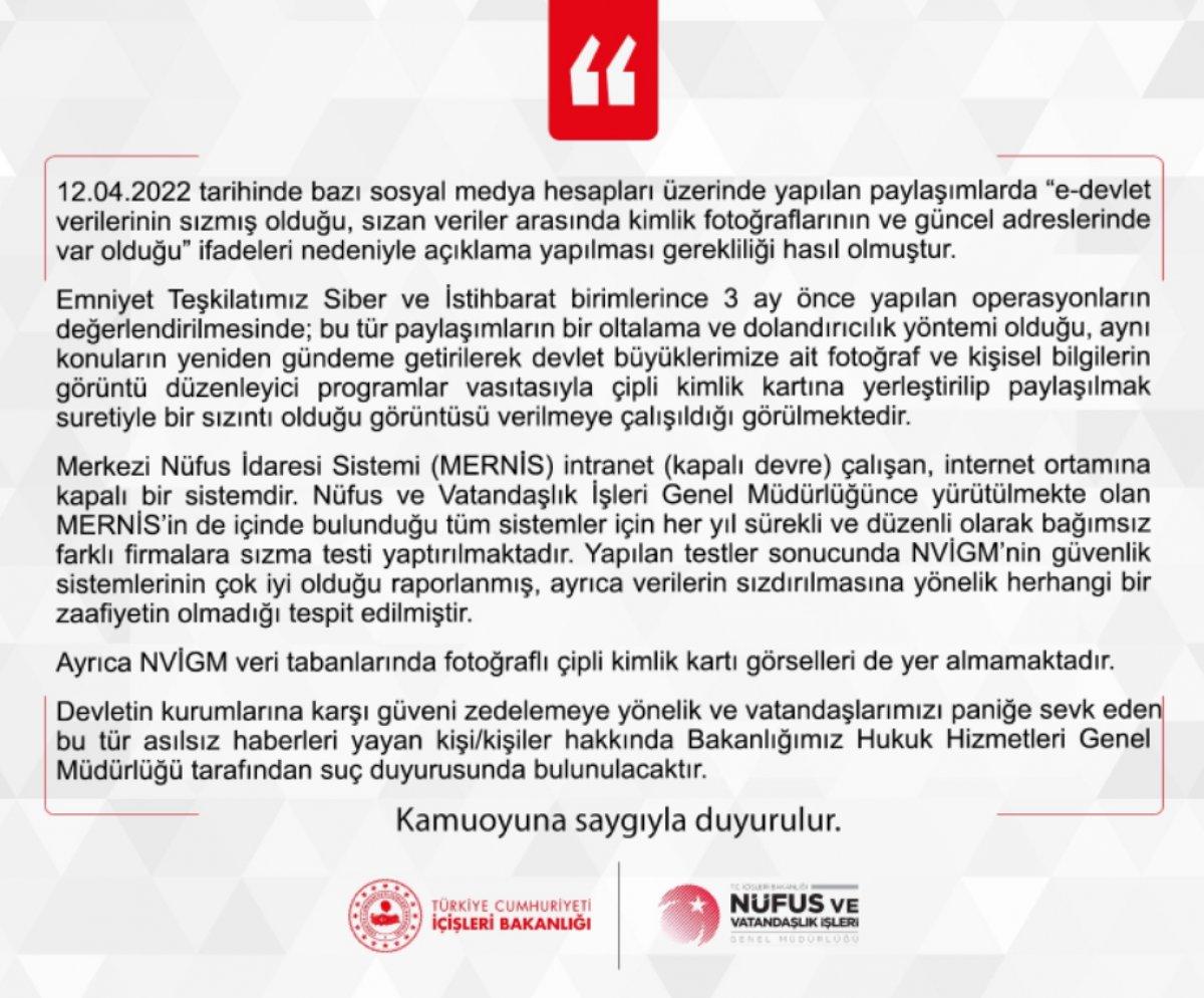 Nüfus ve Vatandaşlık İşleri Genel Müdürlüğü, kimlik bilgilerinin sızdırıldığı iddialarını yalanladı
