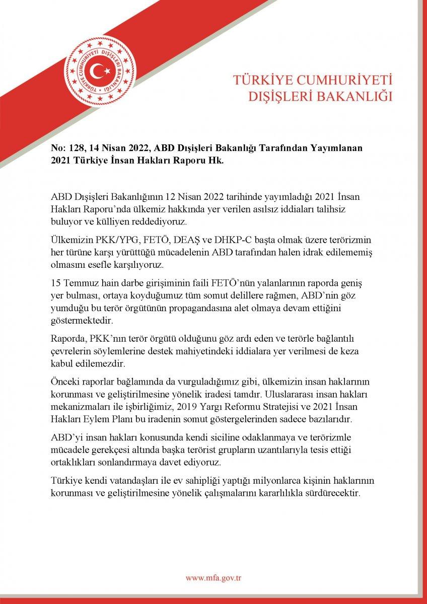 Dışişleri Bakanlığı'nda ABD raporuna tepki: Külliyen reddediyoruz
