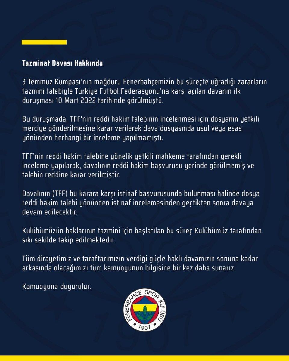 Fenerbahçe'den TFF'ye açılan dava hakkında açıklama