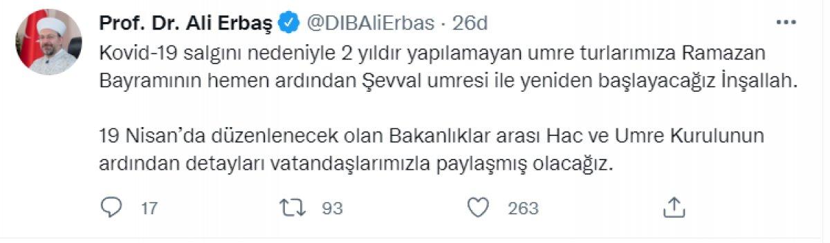 Ali Erbaş: Umre turlarımız başlıyor