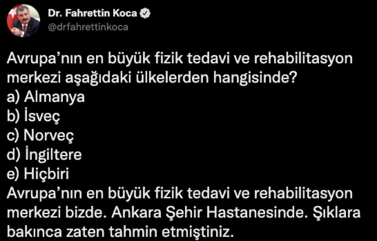 Fahrettin Koca'dan Avrupa'nın en büyük fizik tedavi hastanesi paylaşımı