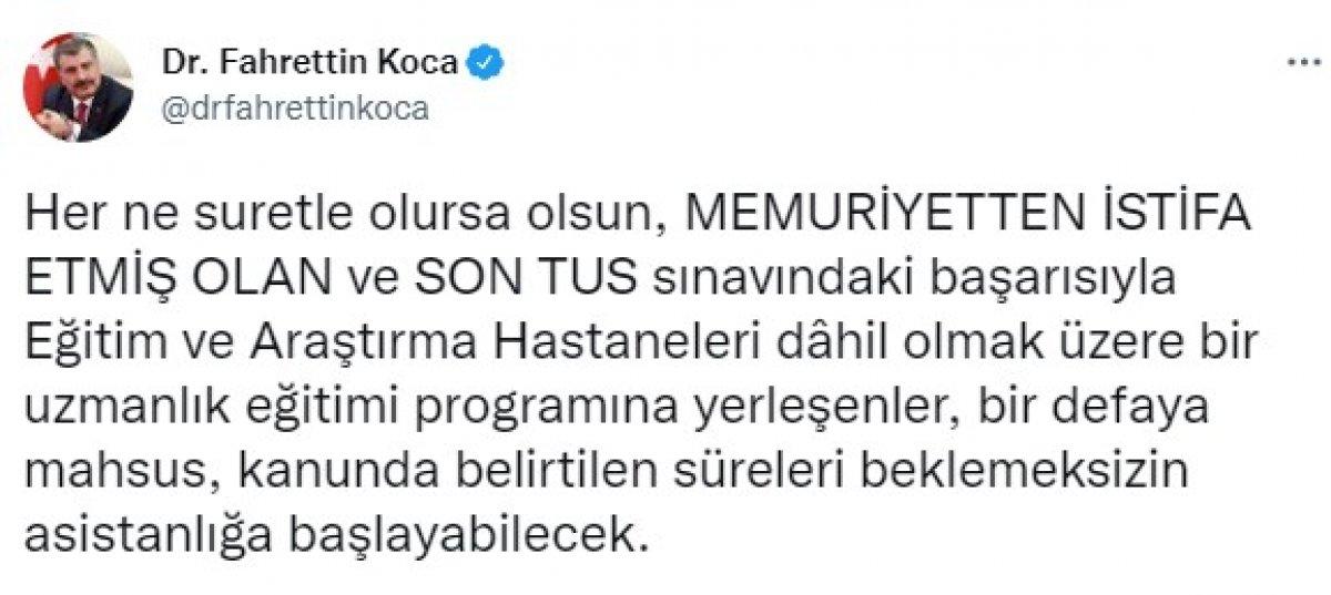 Fahrettin Koca'dan memuriyetten istifa eden doktorlara müjde