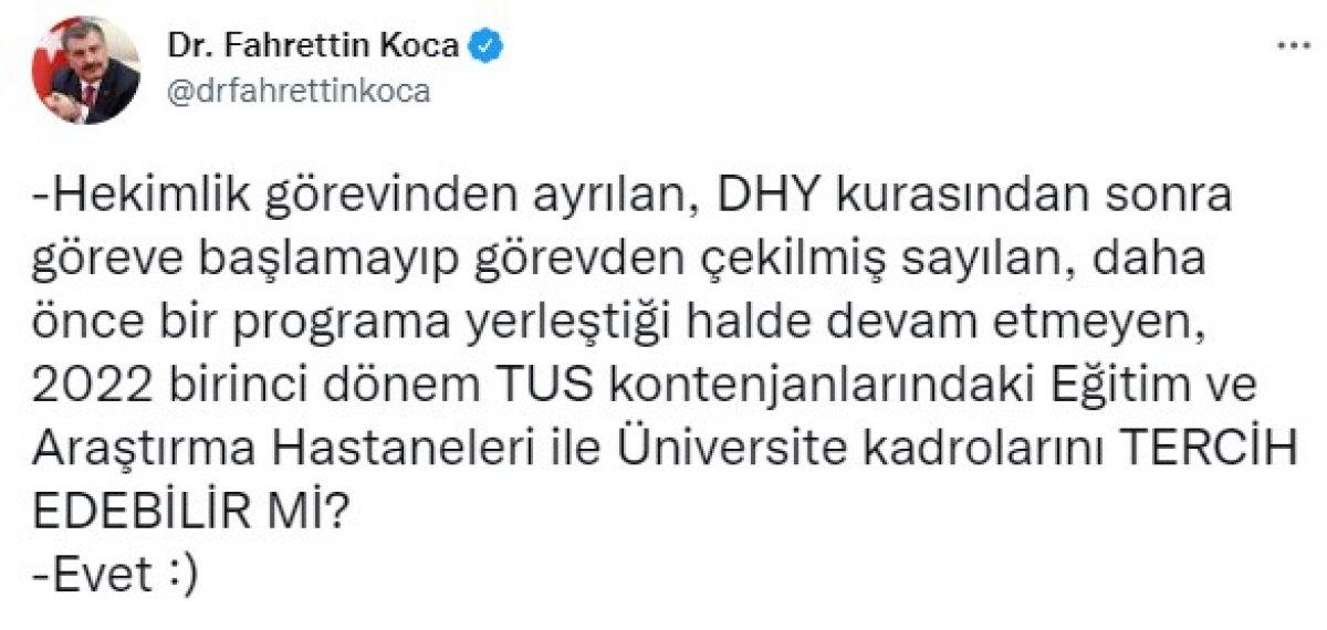 Fahrettin Koca'dan memuriyetten istifa eden doktorlara müjde