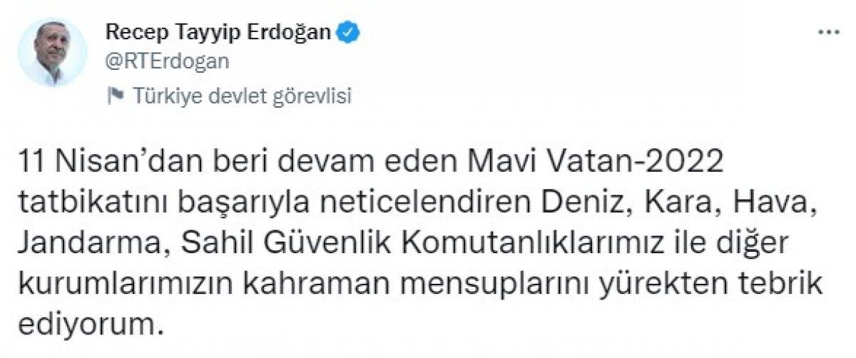 Cumhurbaşkanı Erdoğan'dan 'Mavi Vatan 2022 Tatbikatı' için tebrik