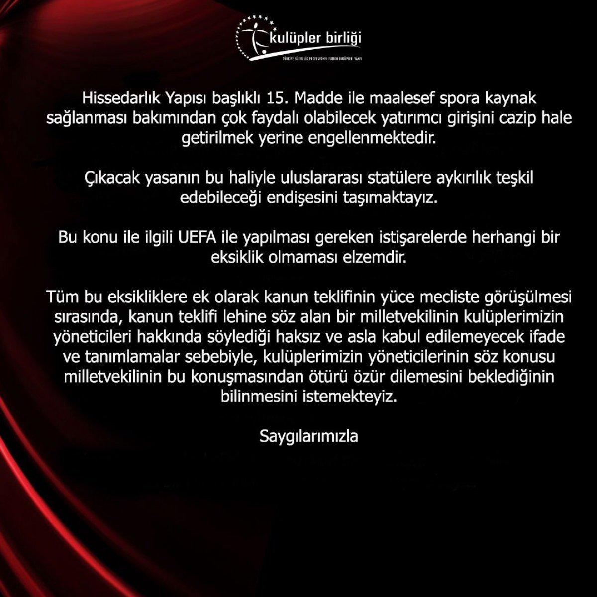 Kulüpler Birliği: Spor Yasası'nın bazı maddeleri değişmeli