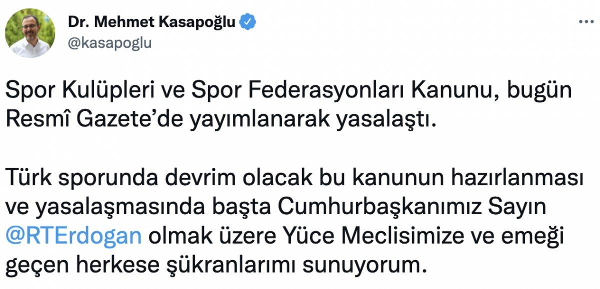 Bakan Kasapoğlu: Yeni yasa, Türk sporunda devrim olacak