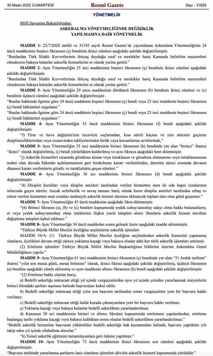 Asker Alma Yönetmeliği'nde yapılan değişiklikler yayınlandı