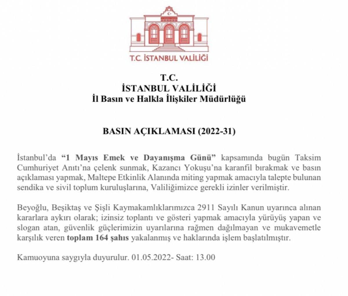 İstanbul Valiliği: 1 Mayıs'ta izinsiz gösteri yapan 164 kişi gözaltına alındı