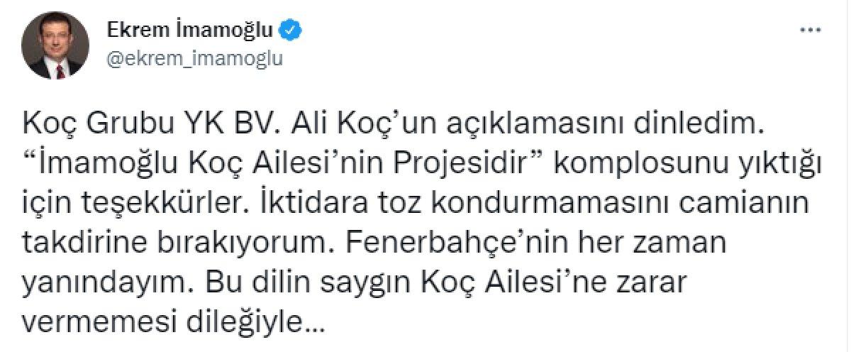 Ekrem İmamoğlu, Ali Koç'a cevap verdi