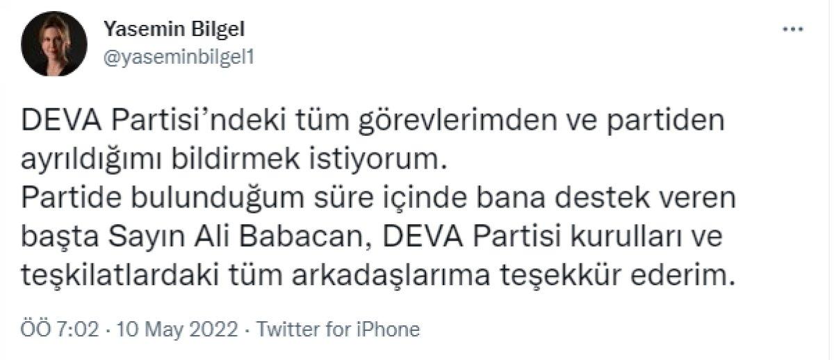 Deva Partisi'nin Dışişleri Başkanı Yasemin Bilgel, istifa etti