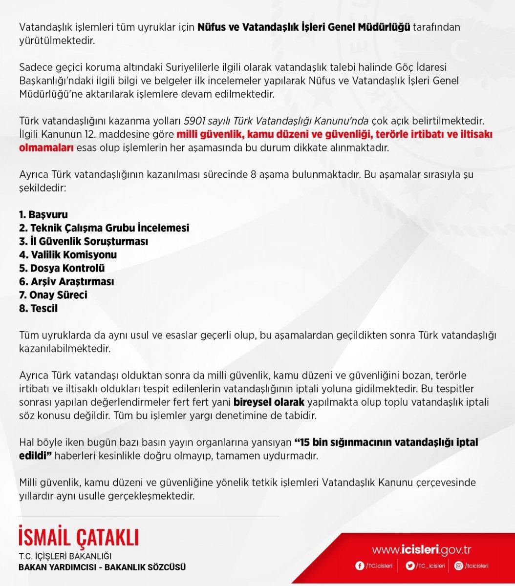 İsmail Çataklı: 15 bin sığınmacının vatandaşlığının iptal edildiği haberleri gerçek değil