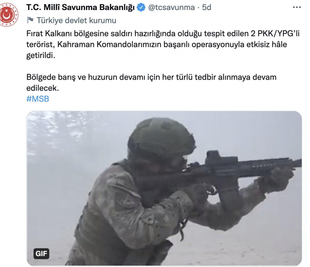 Fırat Kalkanı Operasyon bölgesinde 2 terörist öldürüldü