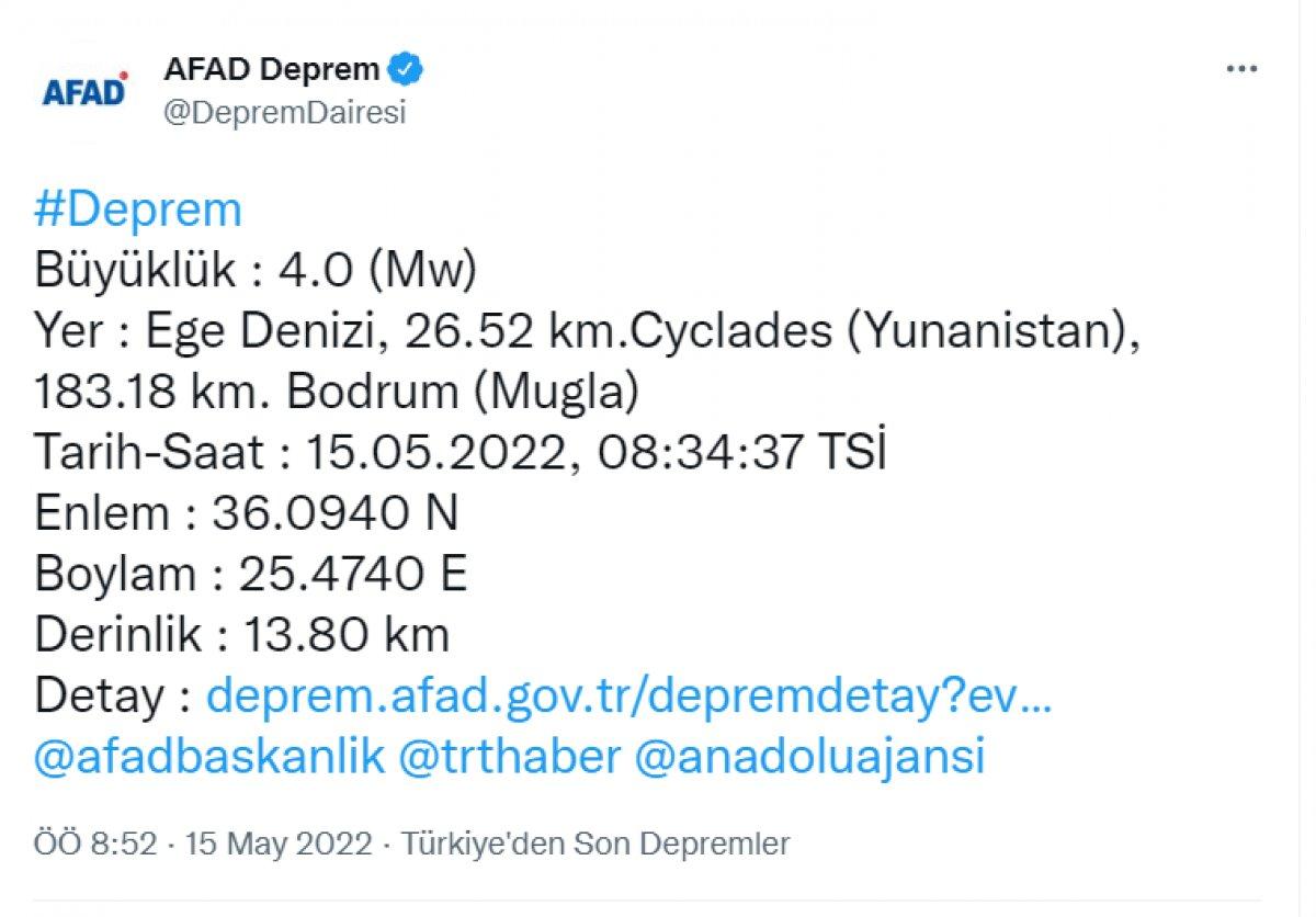 Bodrum'da 4 büyüklüğünde deprem