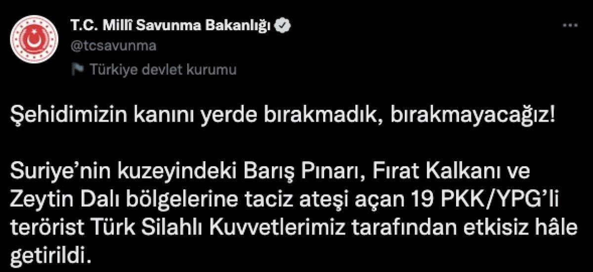 MSB: 3 operasyon bölgesinde 19 terörist öldürüldü