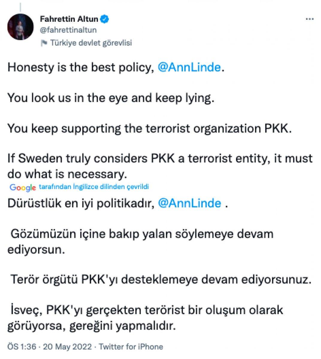 Fahrettin Altun'dan İsveç Dışişleri Bakanı'na PKK eleştirisi