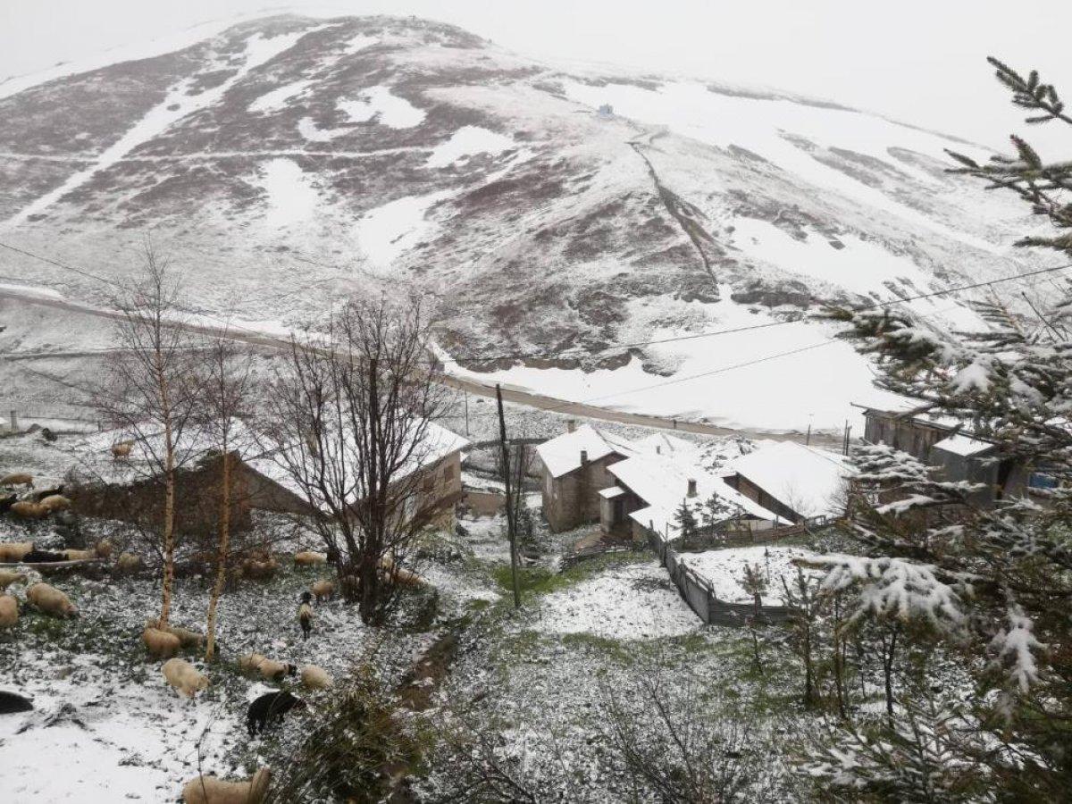Bayburt'un yüksek kesimlerine kar yağdı