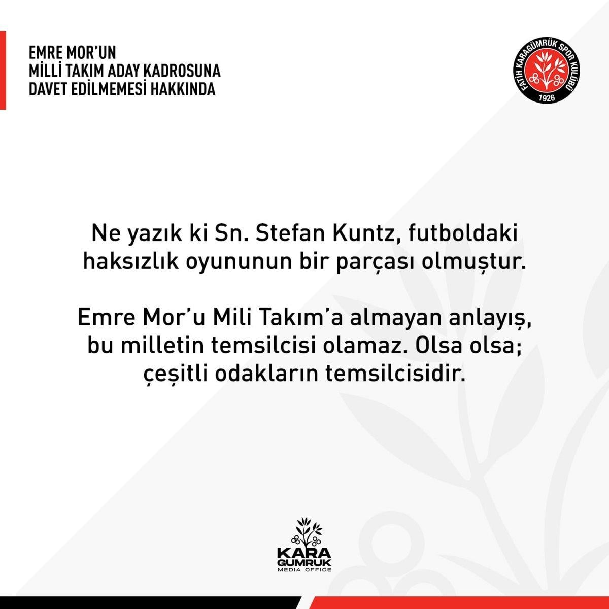 Fatih Karagümrük’ten Stefan Kuntz’a Emre Mor tepkisi