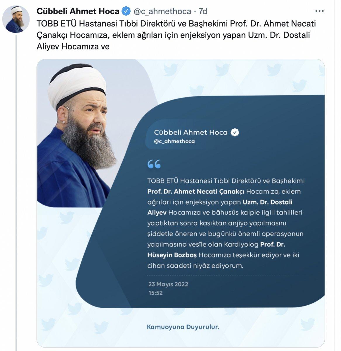 Cübbeli Ahmet Hoca kalp ameliyatı geçirdi