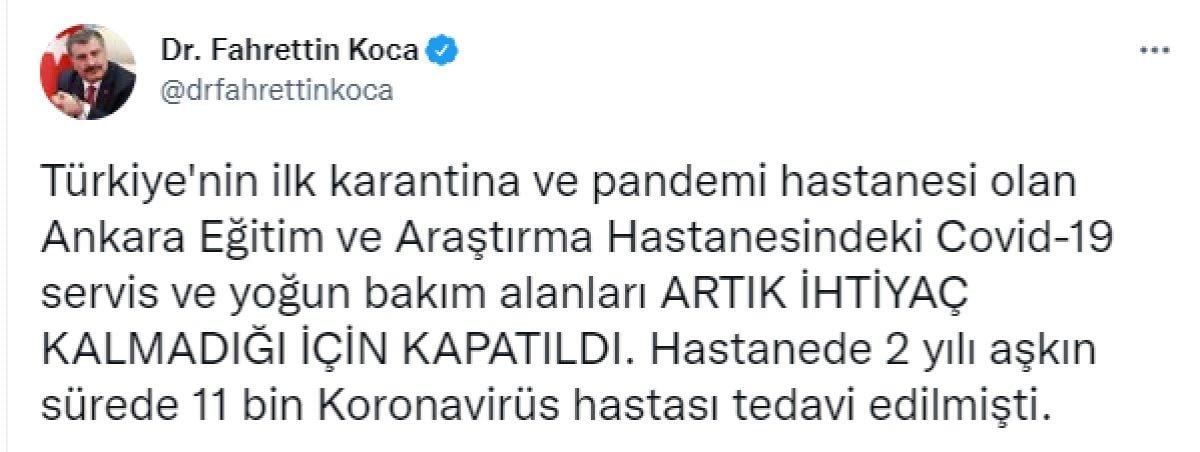 Ankara'da, ilk pandemi hastanesi yoğun bakım kapılarını kapattı