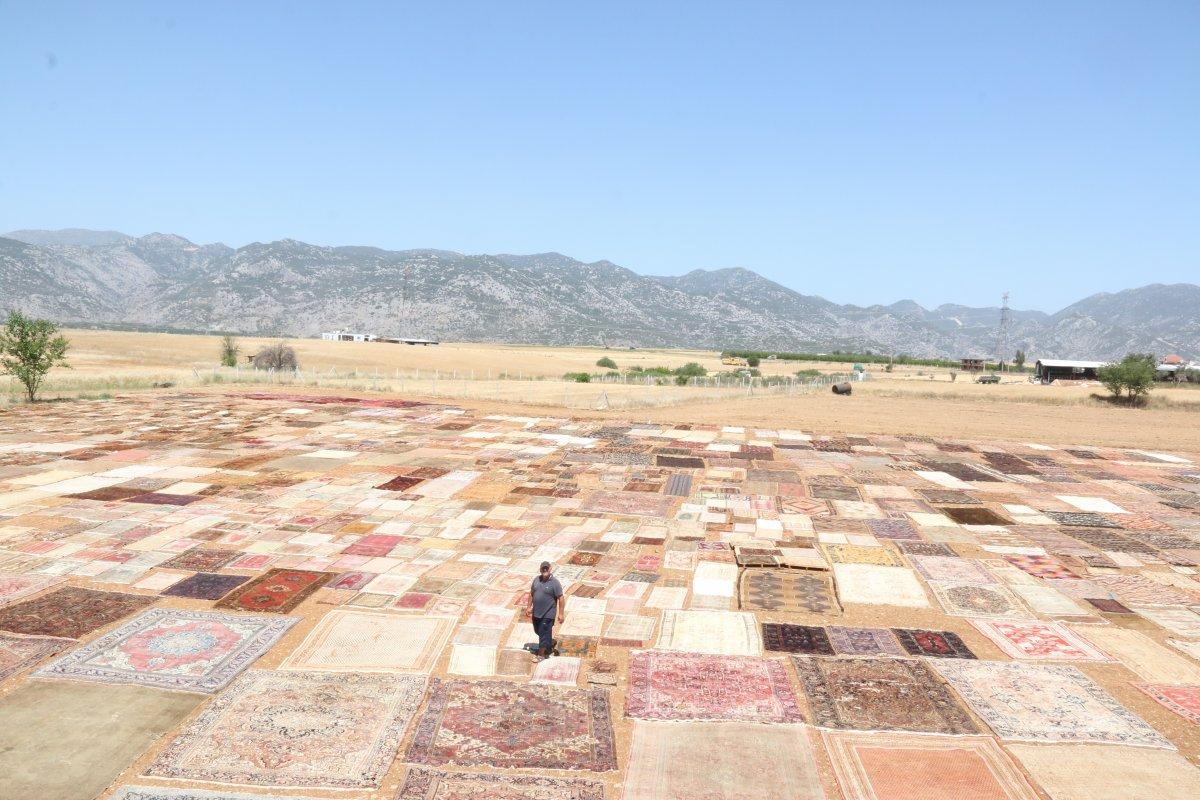 Antalya'da el dokuması halılar, tarlalara serildi