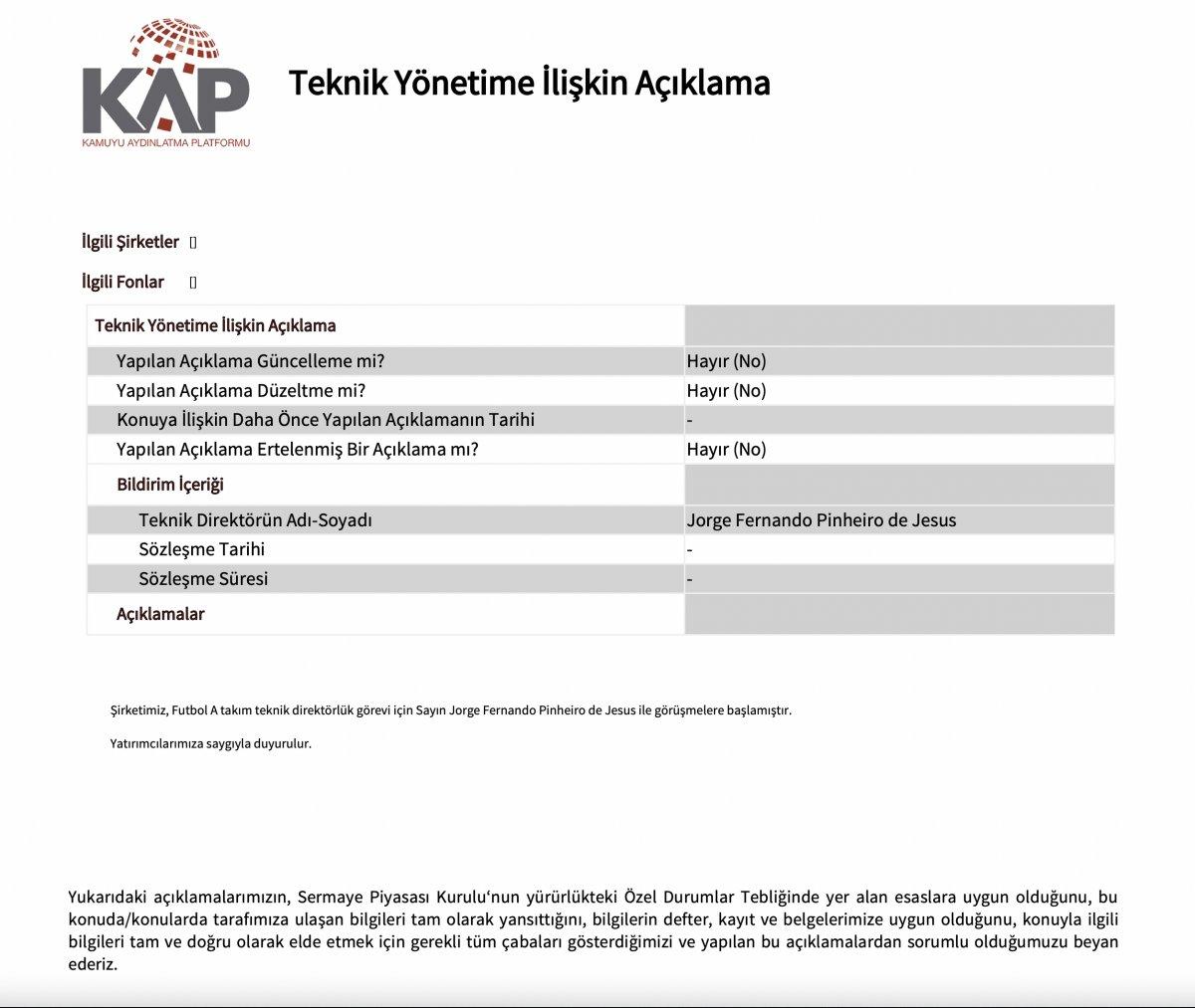 Fenerbahçe, Jorge Jesus'u KAP'a bildirdi