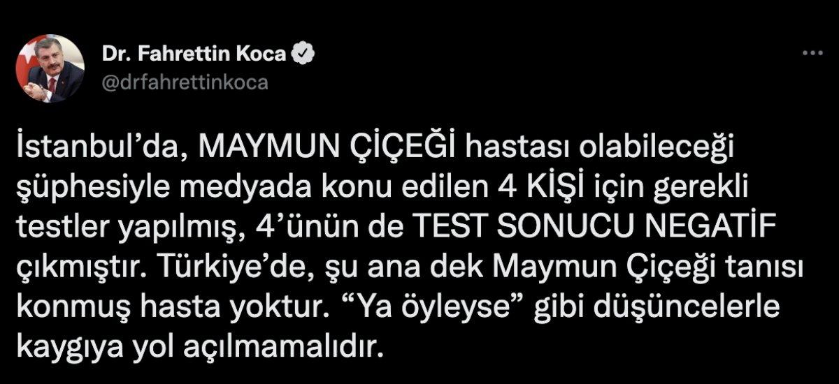 Fahrettin Koca: 4 kişinin maymun çiçeği testi negatif çıktı