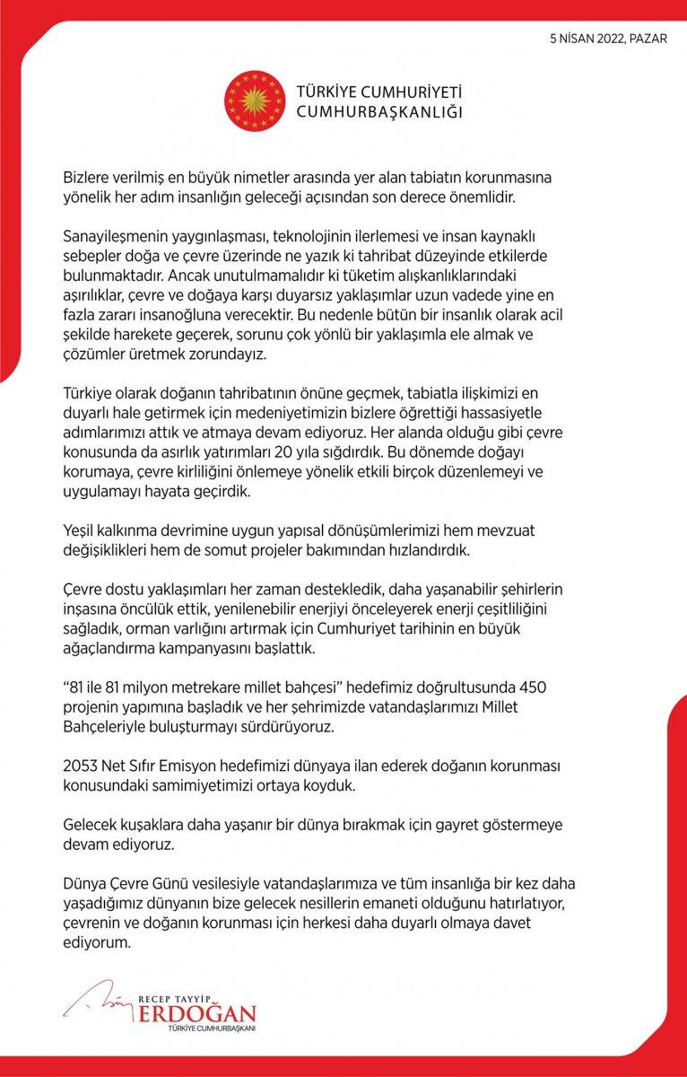 Cumhurbaşkanı Erdoğan'dan Dünya Çevre Günü mesajı