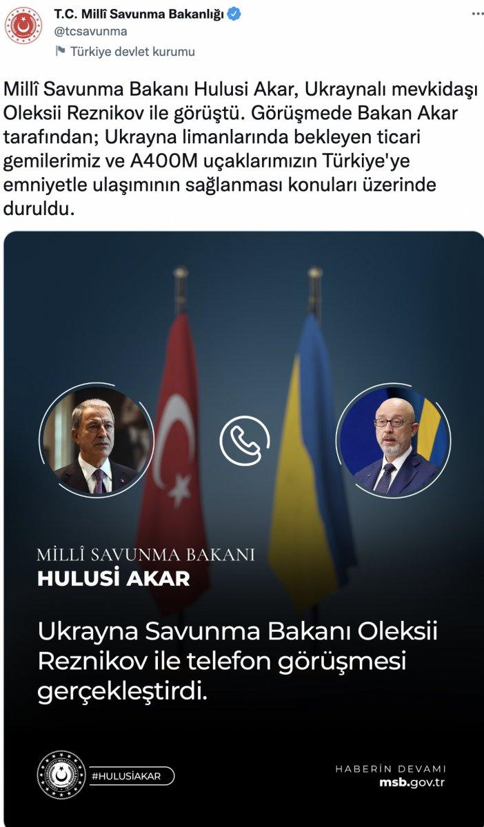 Bakan Hulusi Akar, Ukraynalı mevkidaşı Oleksii Reznikov ile görüştü