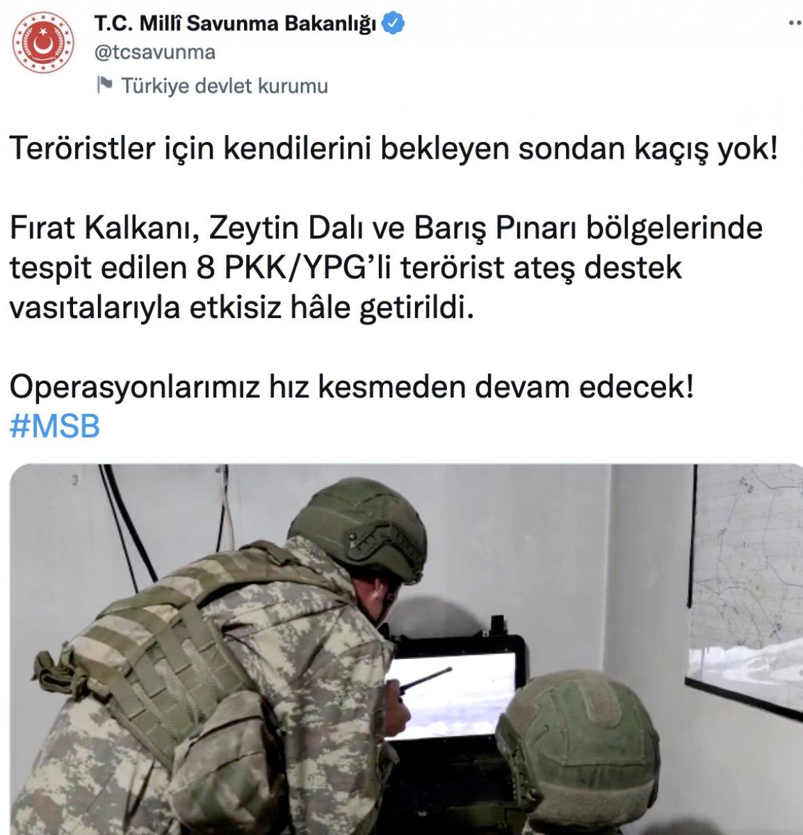 MSB: Üç bölgede 8 terörist öldürüldü