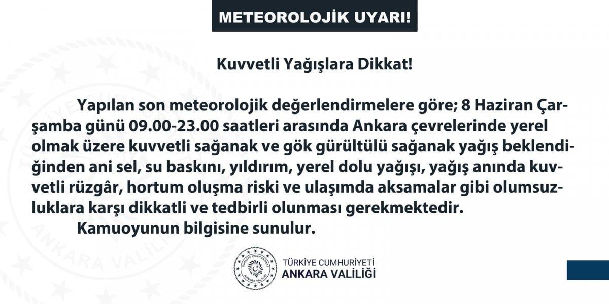 Ankara Valiliği saat vererek uyardı: Kuvvetli yağışlara dikkat