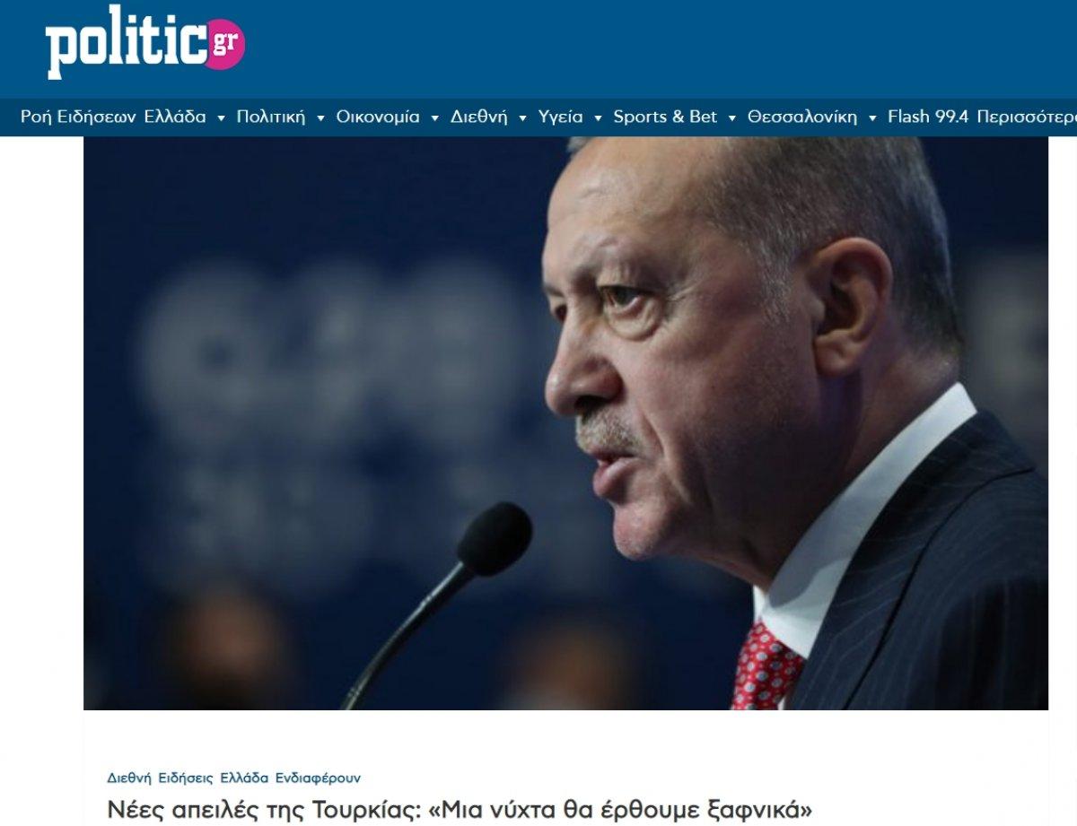 Cumhurbaşkanı Erdoğan'ın uyarısı Yunan medyasında