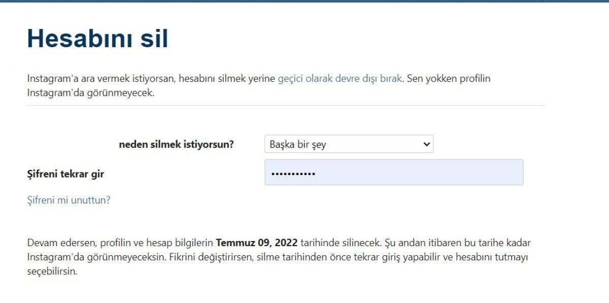 instagram hesap dondurma ve hesap silme ekran görüntüsü