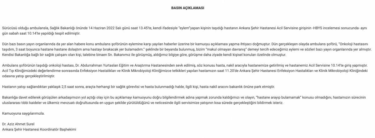 Ankara Şehir Hastanesi'nden kendini ambulansa kilitleyen şoför açıklaması