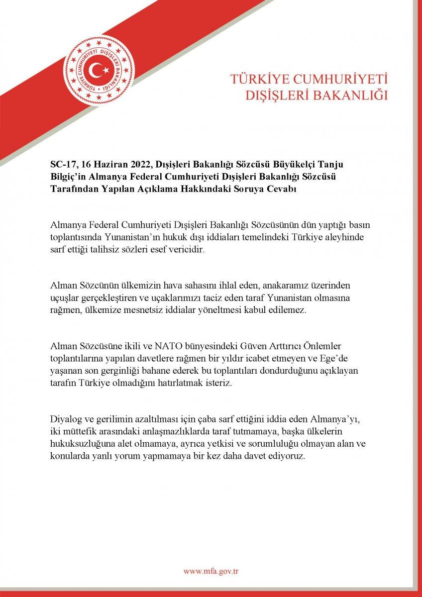 Dışişleri Bakanlığı'ndan Almanya'ya Yunanistan tepkisi