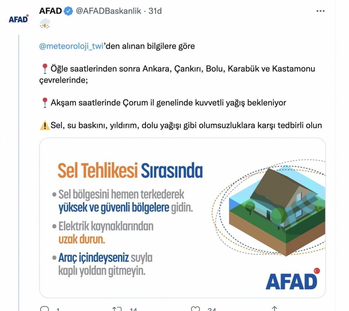 AFAD'dan Ankara dahil 6 şehre sel uyarısı