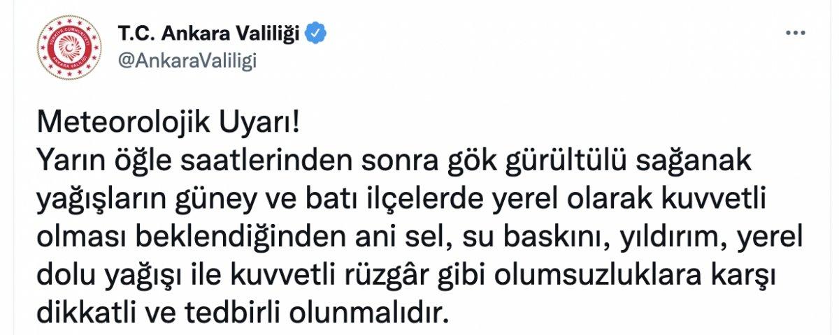 Ankara Valiliği, kuvvetli yağış uyarısı yaptı
