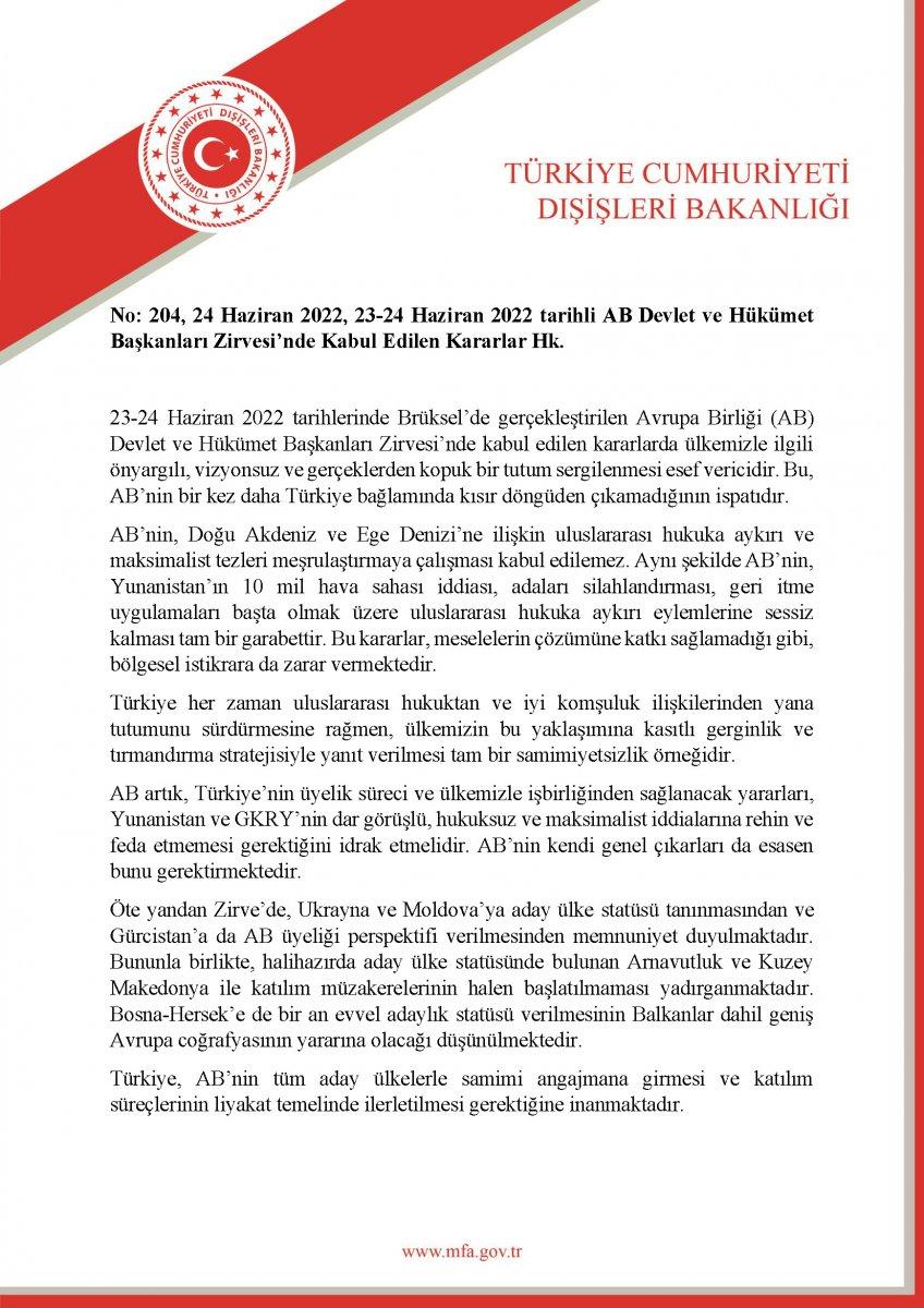 Dışişleri Bakanlığı'ndan AB'ye sert tepki
