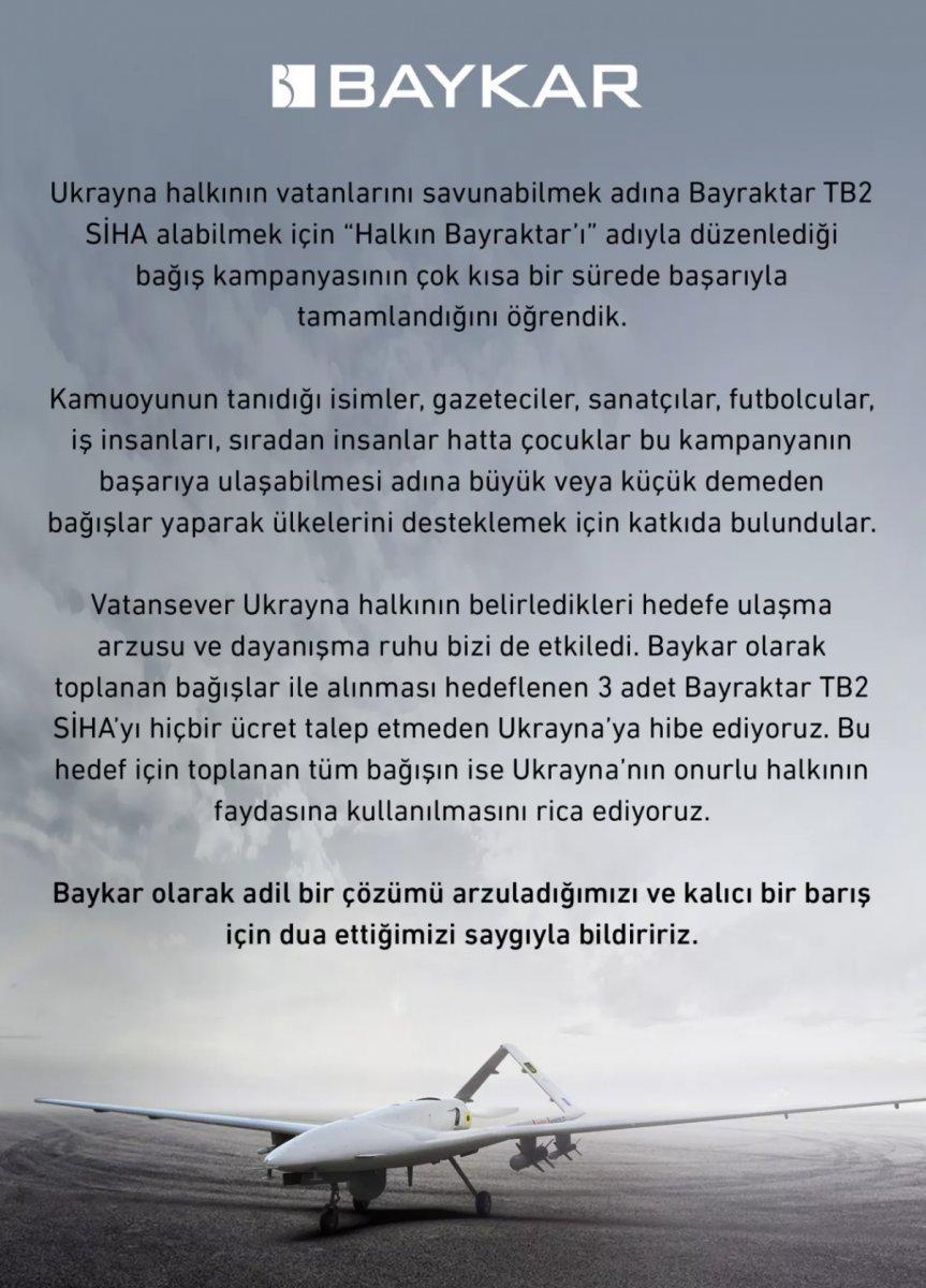 BAYKAR, 3 adet Bayraktar TB2 SİHA'yı Ukrayna'ya ücretsiz verecek