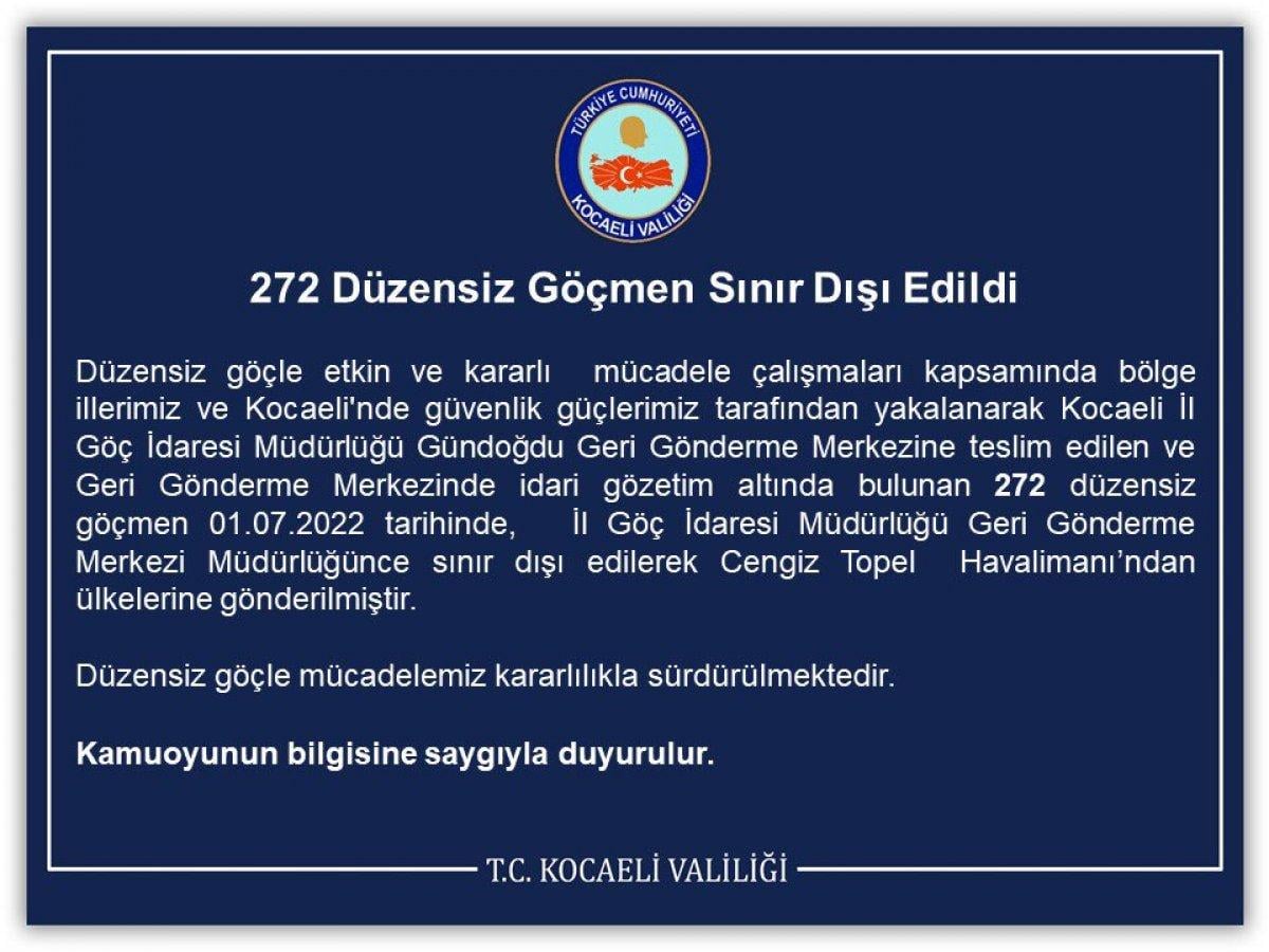Kocaeli Valiliği: 272 göçmen sınır dışı edildi