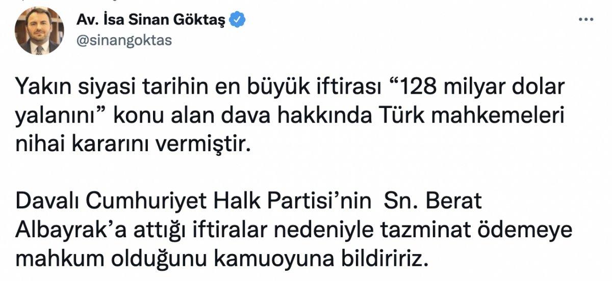 Berat Albayrak'ın avukatı Göktaş'tan CHP'ye açılan tazminat davası açıklaması