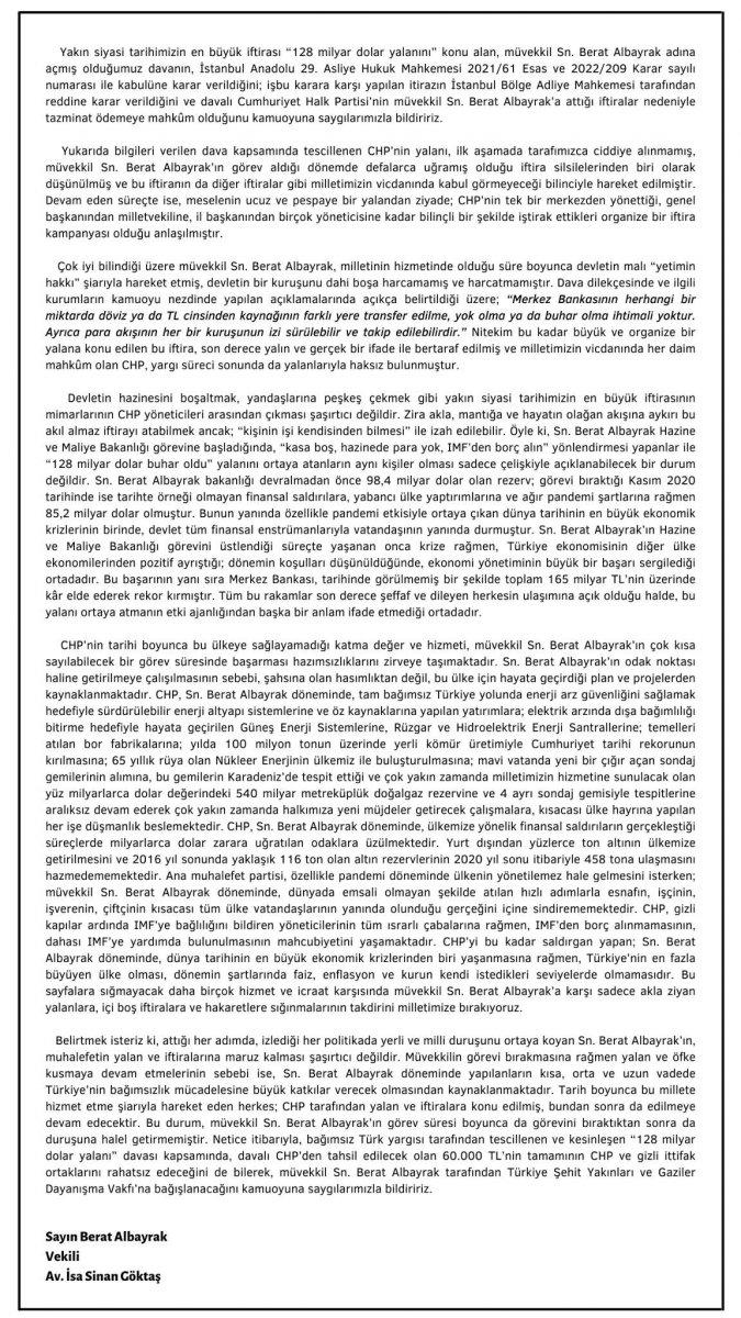Berat Albayrak'ın avukatı Göktaş'tan CHP'ye açılan tazminat davası açıklaması